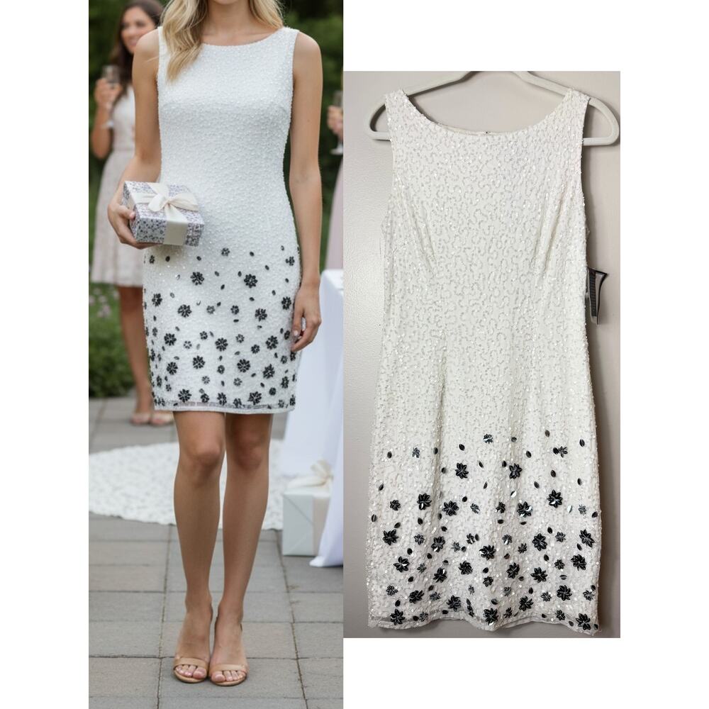 NWT ADRIANNA PAPELL IVORY WHITE SILVER 3D FLORAL SEQUIN BEADED SHORT COCKTAIL